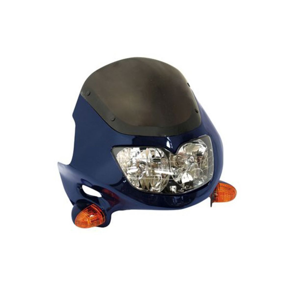 Blue plastic fairing featuring a clear headlight with dual 25W bulbs and integrated orange indicators, designed for 12V systems.