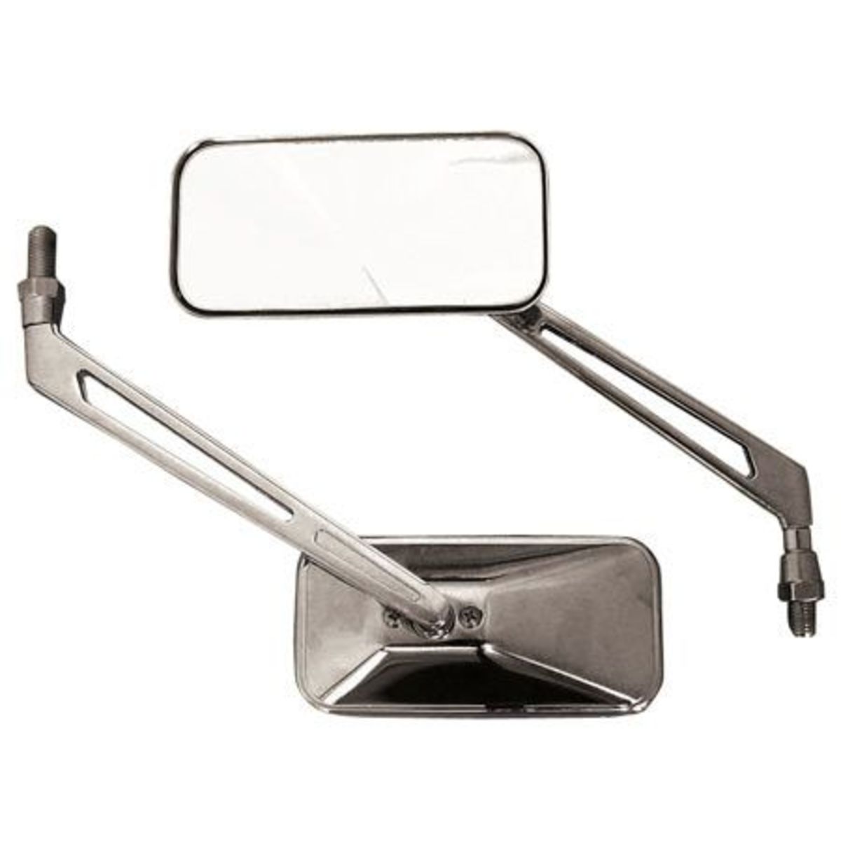 Rectangular chrome mirrors with a sleek, polished finish, featuring adjustable arms and a 10mm thread for easy installation on bikes.