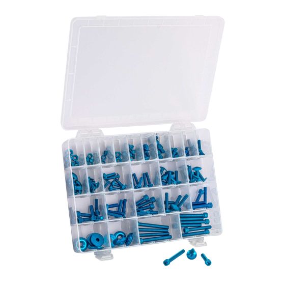 Blue universal screw kit containing 150 pieces, organized in a clear plastic case with multiple compartments for easy access and storage.