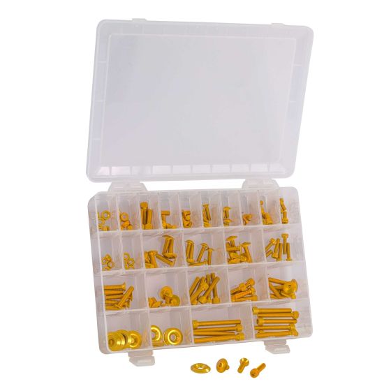Clear plastic storage box containing 150 gold screws, bolts, and washers, organized into compartments for easy access and identification.