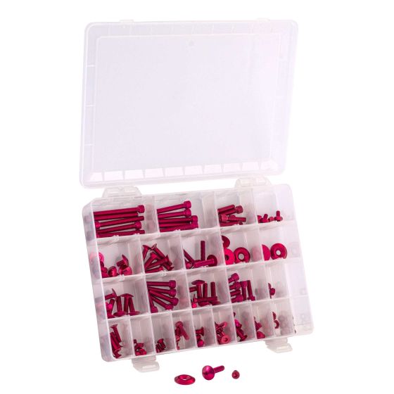 Red screw kit containing 150 pieces in a clear plastic organizer with multiple compartments, featuring various sizes of screws, washers, and nuts.