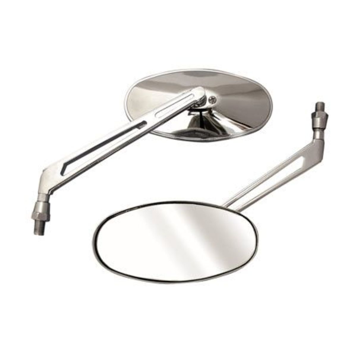 Chrome oval mirrors with a sleek design, featuring a 10mm thread and adjustable arms for universal fit, ideal for enhancing visibility on bikes.