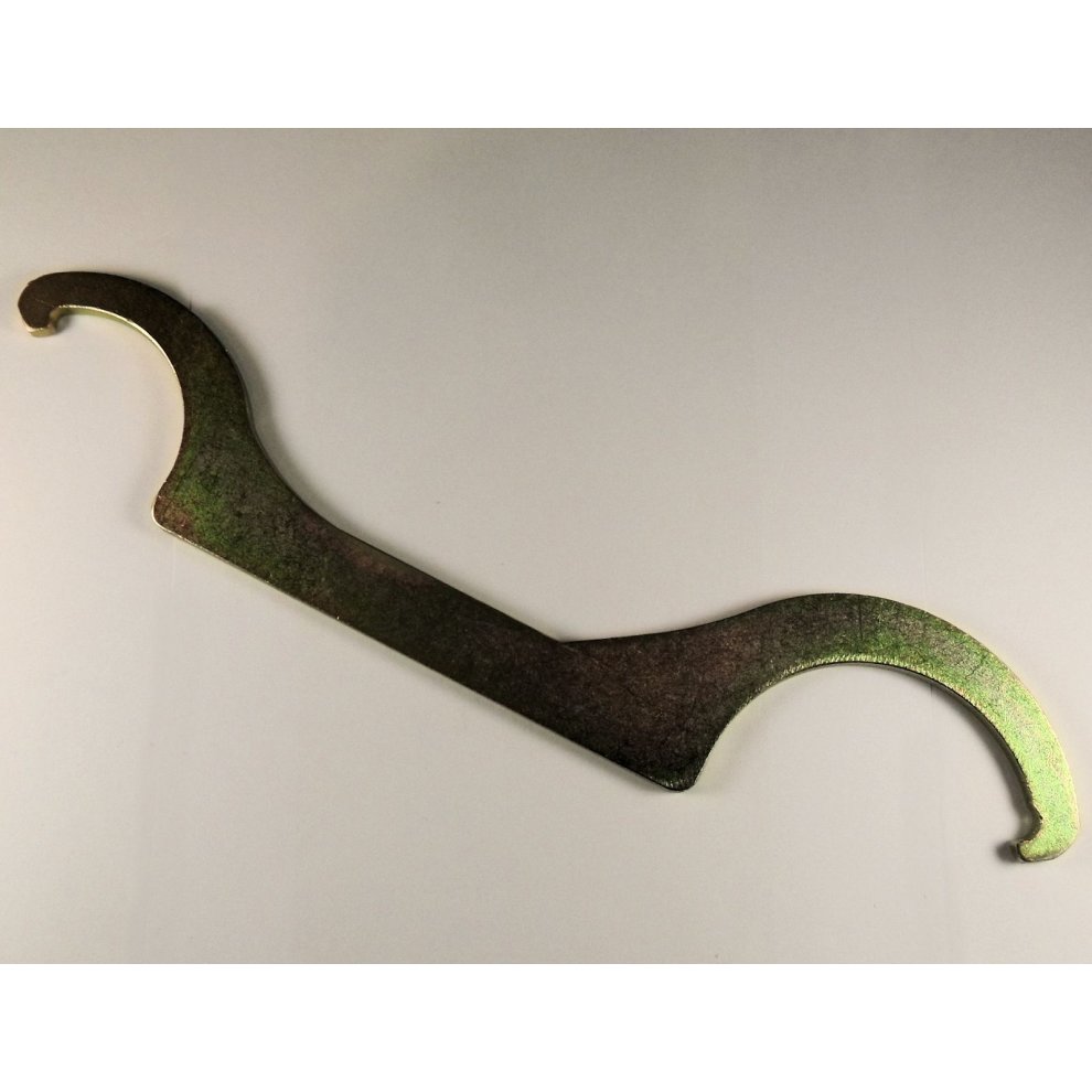 Large C spanner tool in metallic finish, designed for universal shock absorber adjustment, featuring two curved ends for 69-76mm and 89-96mm sizes.