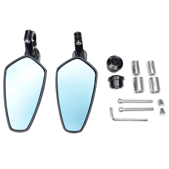 Black bar end mirrors with a sleek, angular design, featuring reflective glass and metal mounting hardware, ideal for enhancing visibility on bikes.