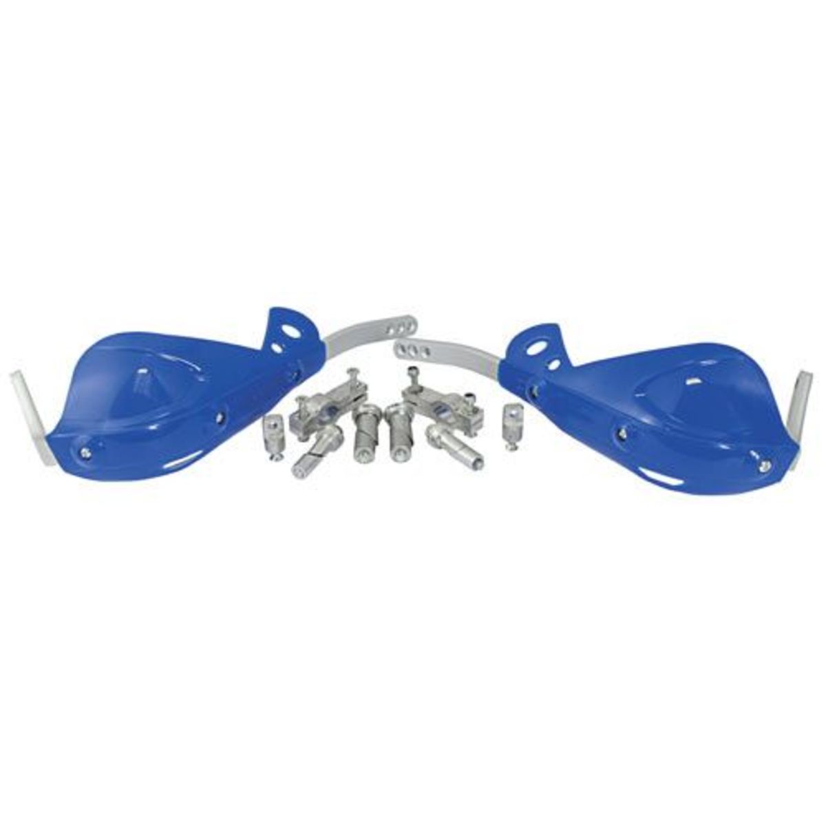 Blue plastic handguards with a sleek design, featuring silver metal mounting brackets and hardware for installation, ideal for motorcycle protection.