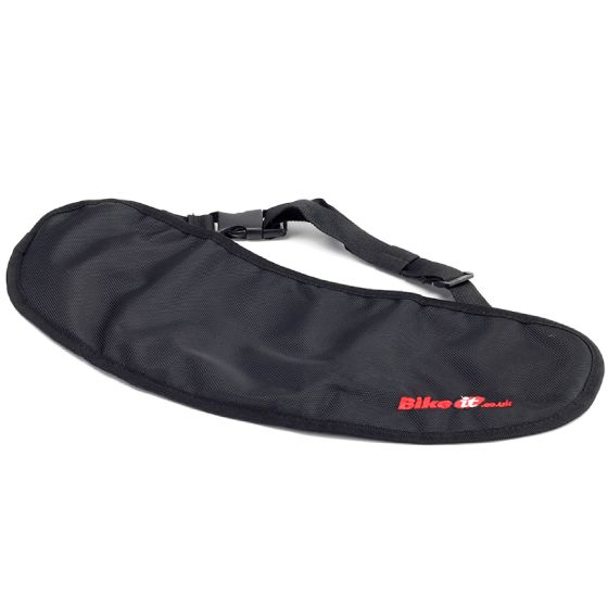 Black visor pouch made of durable fabric, featuring a contoured shape, adjustable strap, and the "Bike It" logo in red on one side.