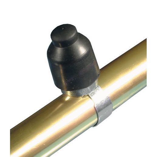 Universal waterproof stop switch with a black rubber cap, mounted on a shiny gold metal tube, secured with a silver metal clamp.