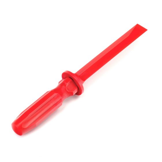Red plastic wheel weight tool remover scraper with a flat, wide blade and a textured handle for grip, designed for easy removal of wheel weights.