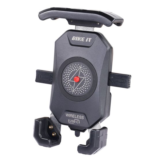 Black plastic universal phone holder with a wireless Qi charger, featuring a red button, adjustable grips, and a USB-C port for charging.