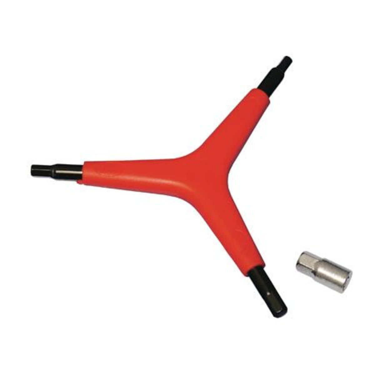 Red Y-wrench with three black Allen heads (4mm, 5mm, 6mm) and an additional 8mm socket attachment, designed for bike maintenance.