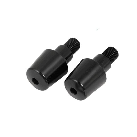 Black aluminum bar end weights with a sleek, tapered design, featuring threaded ends for easy installation on motorcycle handlebars.