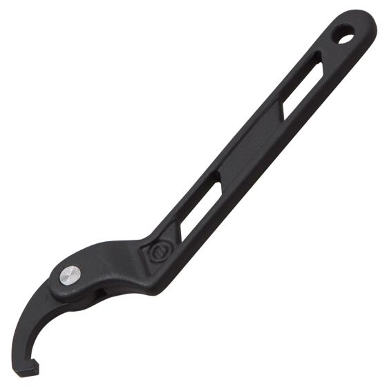 Black C hook wrench with a curved end for gripping, featuring a silver metal screw and cut-out sections along the handle for lightweight design, suitable for 19-51mm sizes.