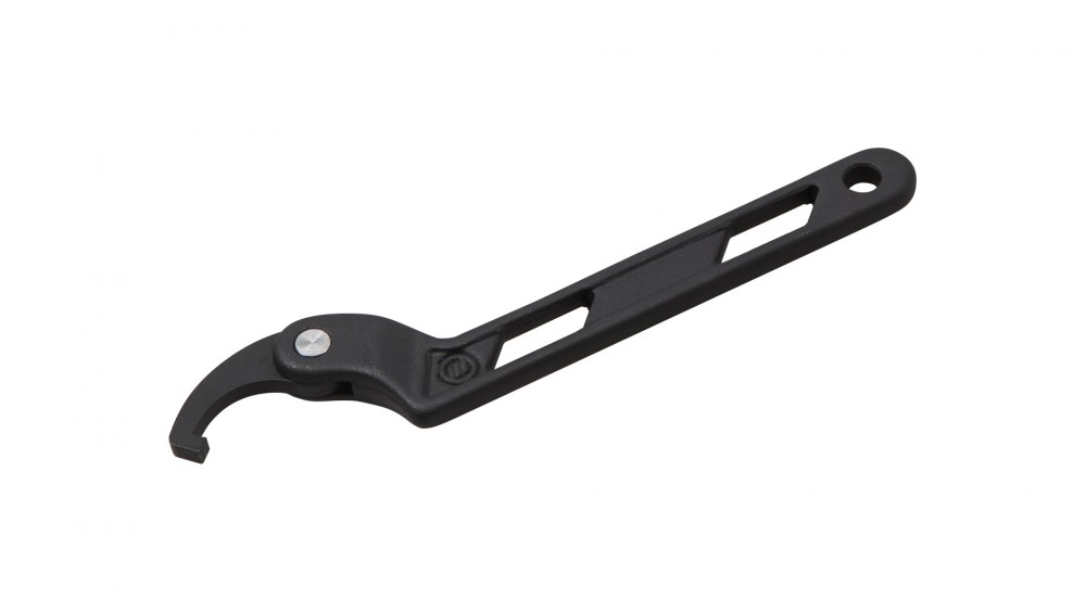 Black C Hook wrench with a curved end and a silver screw, designed for bike maintenance, featuring a lightweight plastic body and a slim handle for easy grip.
