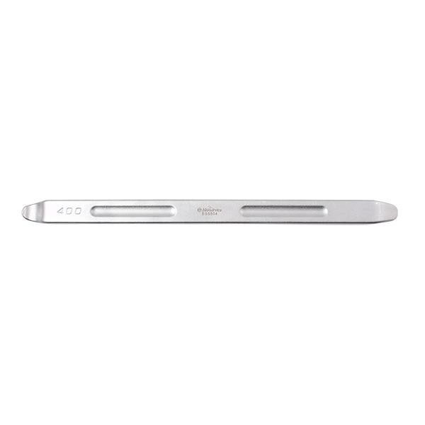 Heavy-duty 400mm motorbike tyre lever made of durable silver metal, featuring a flat end for easy tyre removal and two slots for grip and leverage.