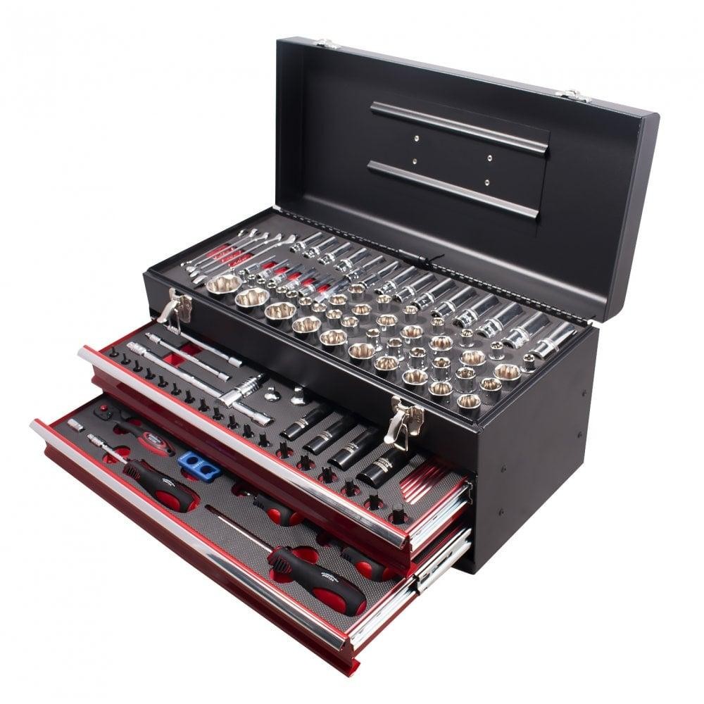 Black metal tool kit with red accents, featuring multiple drawers filled with various chrome sockets, wrenches, and tools, designed for motorcycle maintenance.