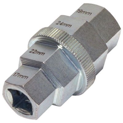 Silver metal spindle removal key with multiple hexagonal openings labeled 19mm, 22mm, 24mm, and 177mm, featuring a textured grip for easy handling.