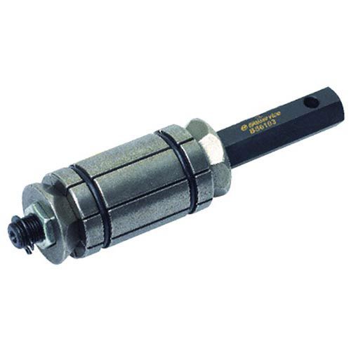 Metal exhaust pipe expander tool in silver and black, featuring a cylindrical design with adjustable sections, suitable for expanding pipes from 38mm to 64mm.