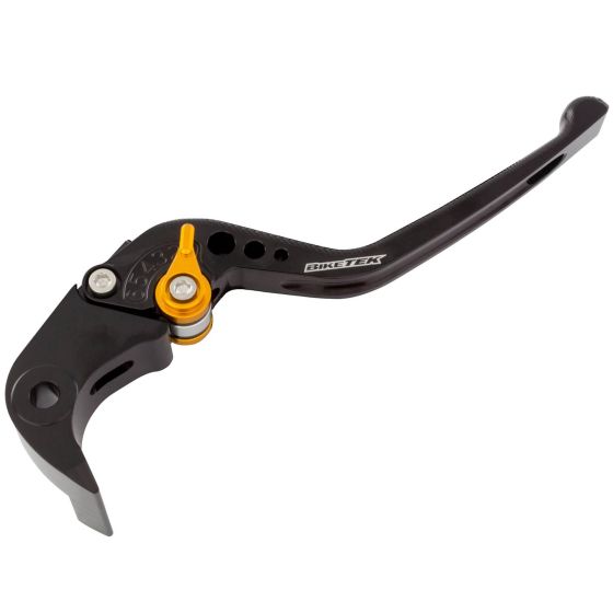 Adjustable CNC long brake lever in black with a gold adjuster, featuring a sleek design and multiple adjustment holes, suitable for Ducati and Triumph motorcycles.