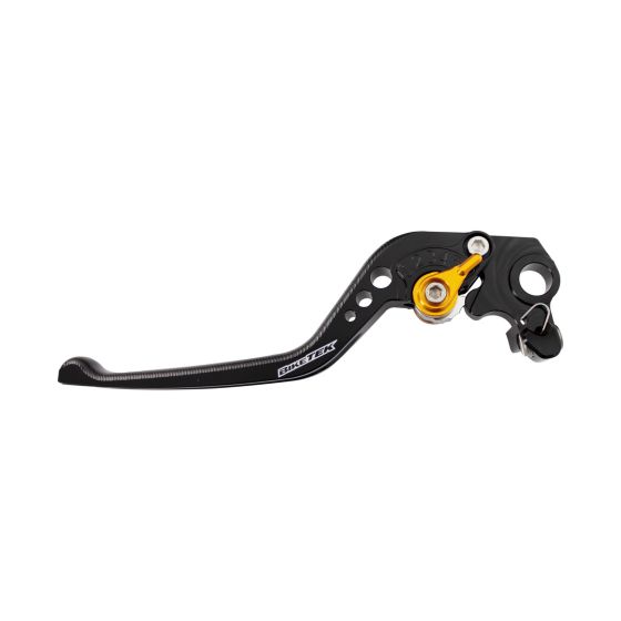 Black and gold adjustable CNC long clutch lever with a sleek design, featuring a curved lever, multiple adjustment holes, and a prominent BikeTek logo, suitable for specific Ducati models.