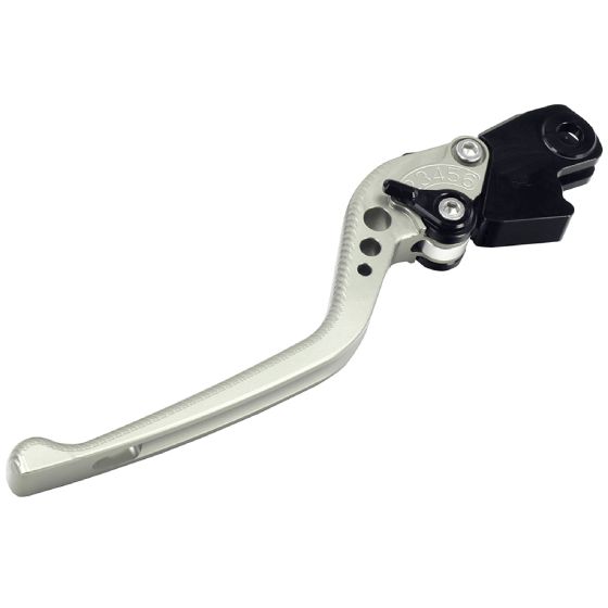 Adjustable CNC long clutch lever in titanium finish with a black adjuster, designed for Ducati models, featuring a sleek, ergonomic shape and precise adjustment mechanism.