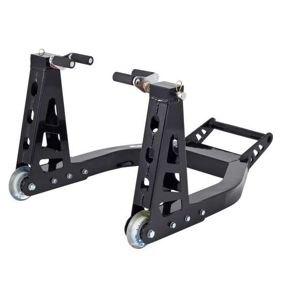 Black aluminium motorcycle paddock stand with a sturdy frame, featuring adjustable arms, rubber grips, and smooth rolling wheels for easy maneuverability.