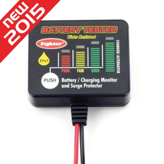 Battery and alternator tester in black casing with colorful LED indicators for battery status, labeled "POOR," "FAIR," and "GOOD," featuring a water-resistant design and a red "NEW 2015" banner.