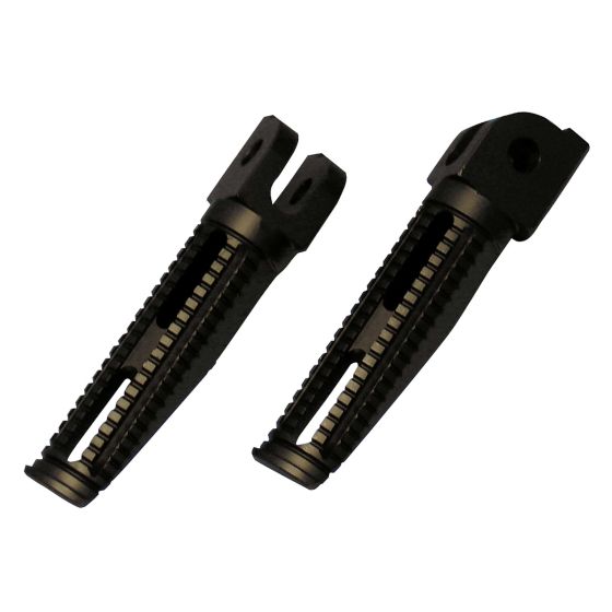 Black billet aluminium footpegs designed for Honda motorcycles, featuring a textured grip surface and a sleek, lightweight design for enhanced performance.
