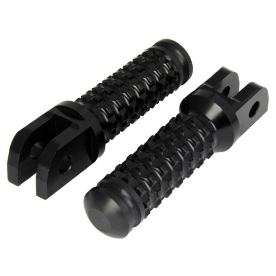 Black alloy front footpegs with a textured grip and slider feature, designed for Yamaha motorcycles, showcasing a durable construction and modern design.