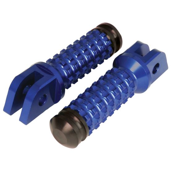 Blue alloy front footpegs with a textured grip and black rubber sliders, designed for Yamaha motorcycles, featuring a durable construction and a sleek design.