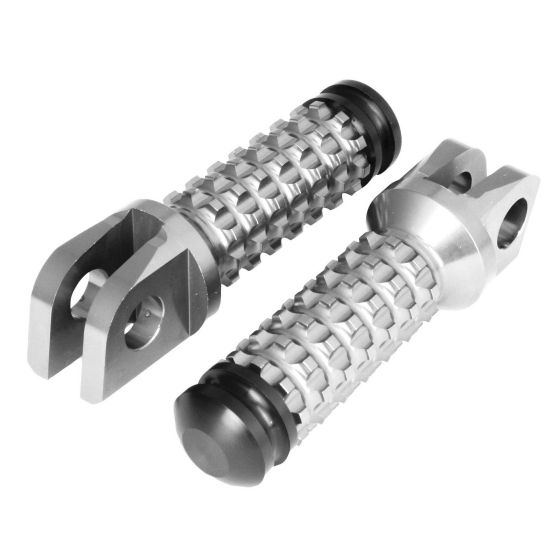 Silver alloy rear footpegs with a textured grip and slider, designed for Yamaha motorcycles, featuring a sturdy construction and a sleek, modern design.