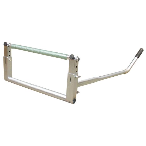 Metallic silver bike raiser stand with a green spring, featuring adjustable height and a sturdy handle for easy lifting and support of bicycles.