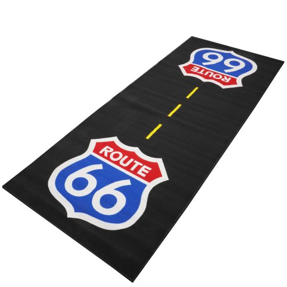 Black carpet featuring a vibrant Route 66 design with blue and red road signs, accented by a yellow dashed line down the center.
