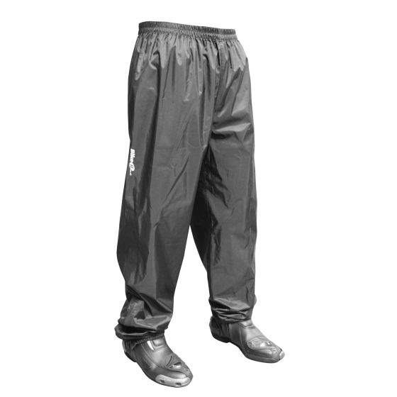 Black waterproof rain over trousers with an elastic waistband and adjustable cuffs, designed for biking, featuring a reflective logo on the side.