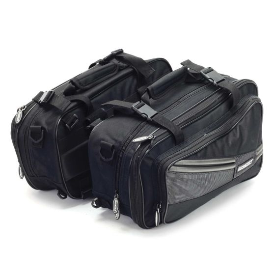Black nylon Biketek Diablo panniers with dual compartments, adjustable straps, and reflective accents for enhanced visibility.