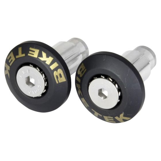Black universal bar ends featuring carbon fibre inserts, marked with "BIKE TEK," designed for 13 mm and 18 mm handlebars, with a polished silver finish on the ends.