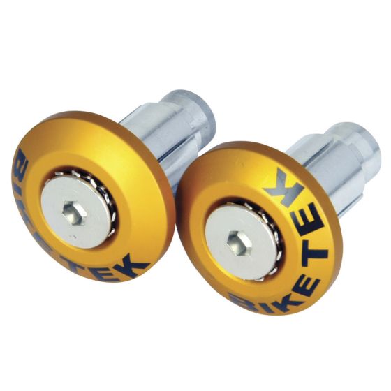 Gold bar ends with carbon fiber inserts, featuring a silver central screw and "BIKETEK" branding, designed for 13 mm and 18 mm handlebars.