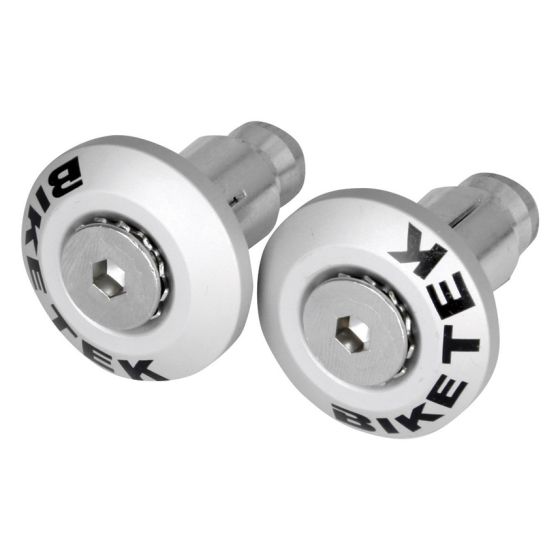 Silver bike bar ends with a polished finish, featuring carbon fiber inserts, labeled with "BikeTek," designed for 13 mm and 18 mm handlebars.