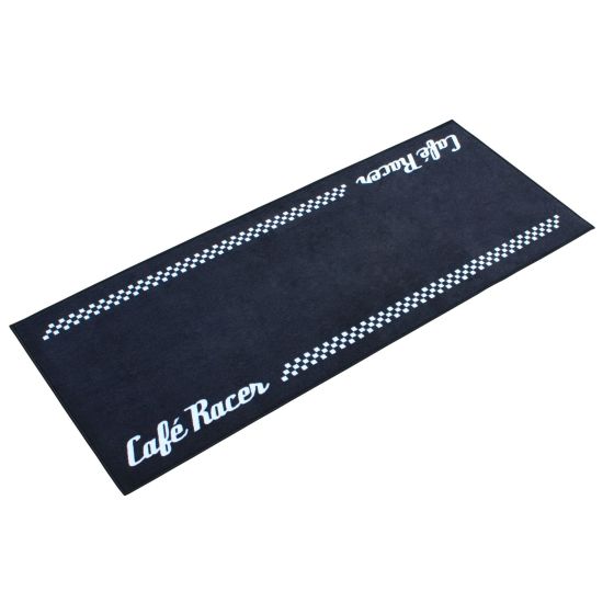 Black garage mat featuring "Cafe Racer" text in white, with a checkered pattern along the edges, measuring 190 x 80 cm, designed for bike enthusiasts.