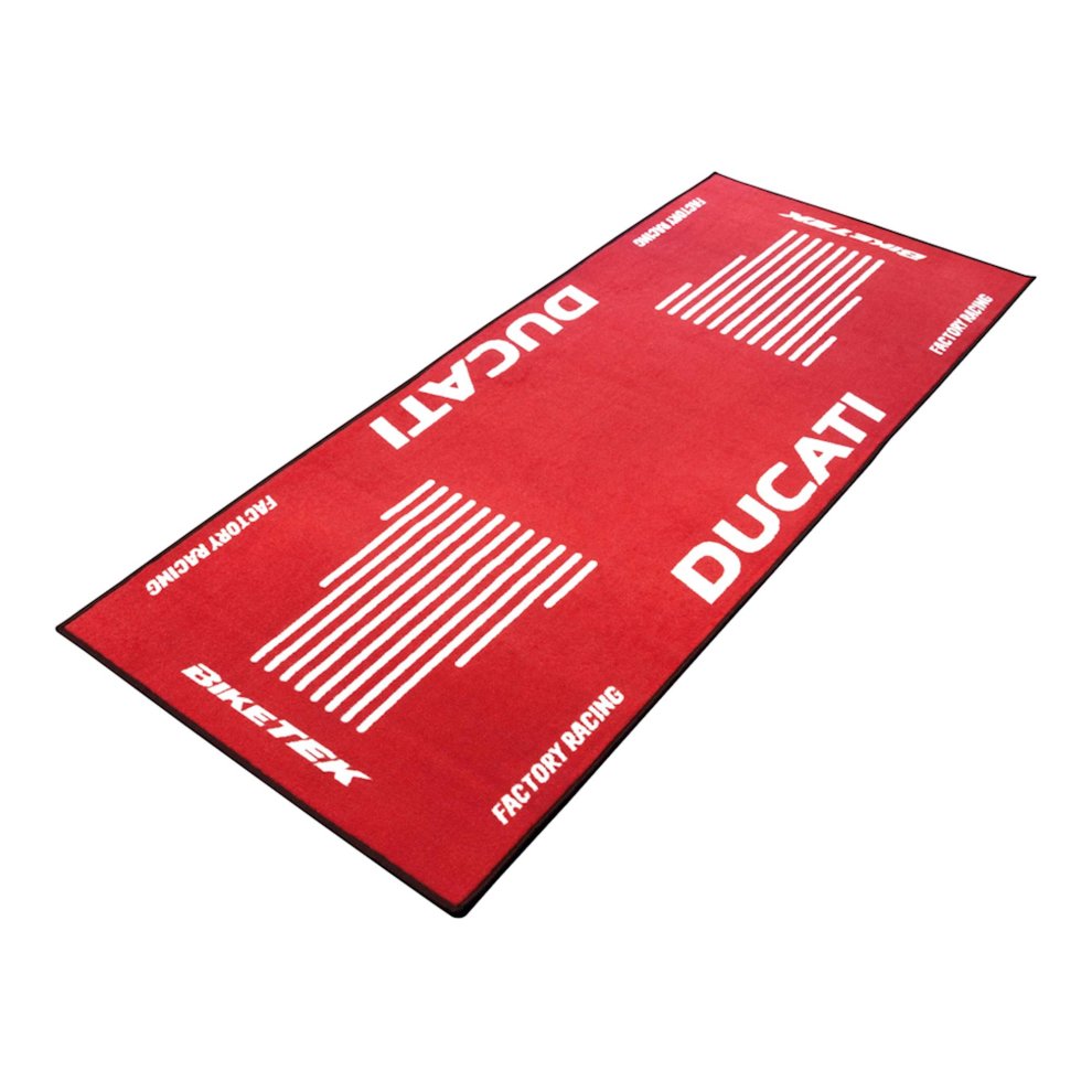 Red garage mat featuring the Ducati logo in white, with black edges, measuring 190 x 80 cm, designed for motorcycle enthusiasts.