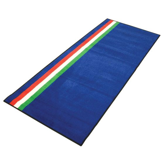 Blue garage mat featuring a bold Italian flag design with red, white, and green stripes along one edge, measuring 190 x 80cm, made from durable material.