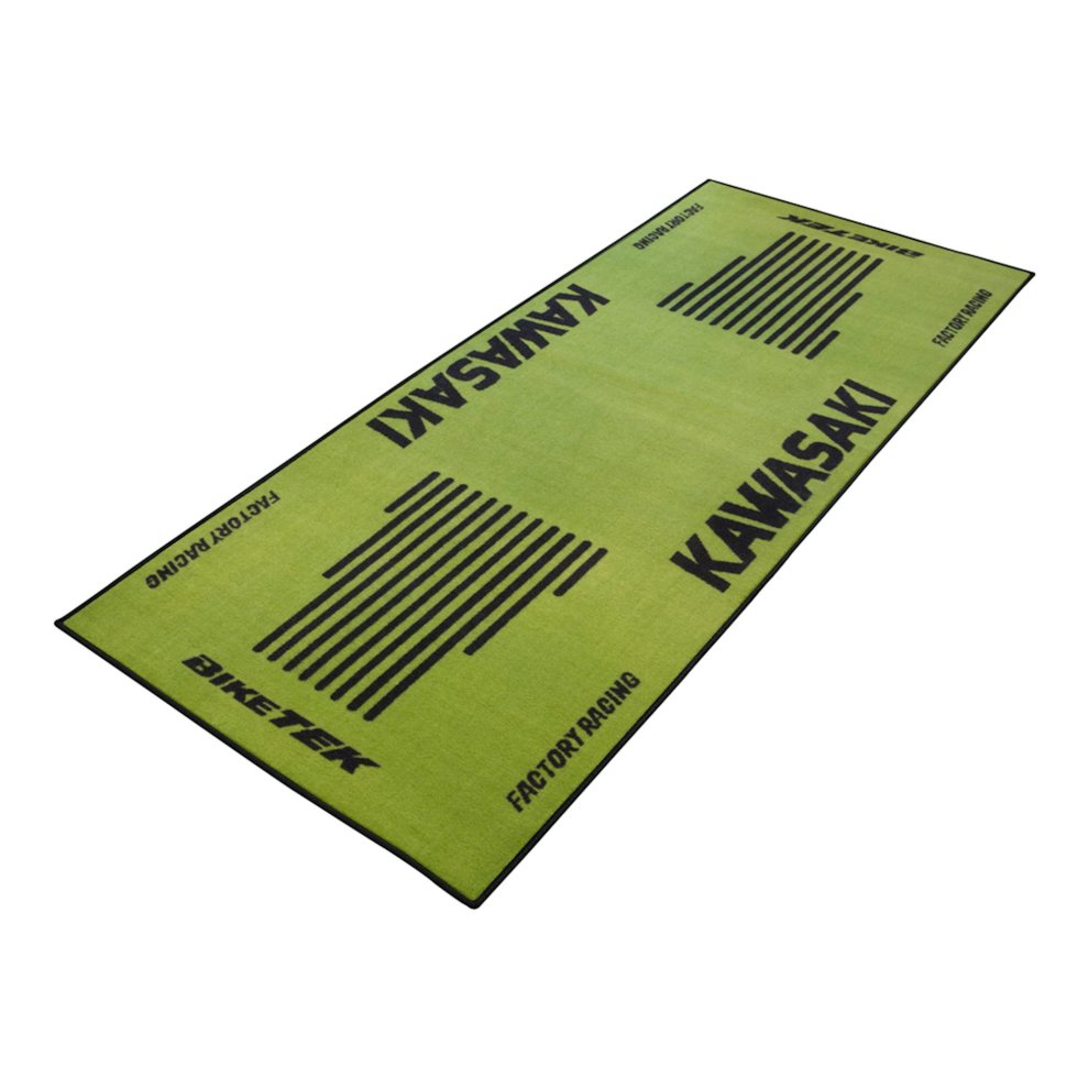 Green carpet featuring the Kawasaki logo and stripes, with black text and borders, designed for motorcycle enthusiasts by BikeTek.