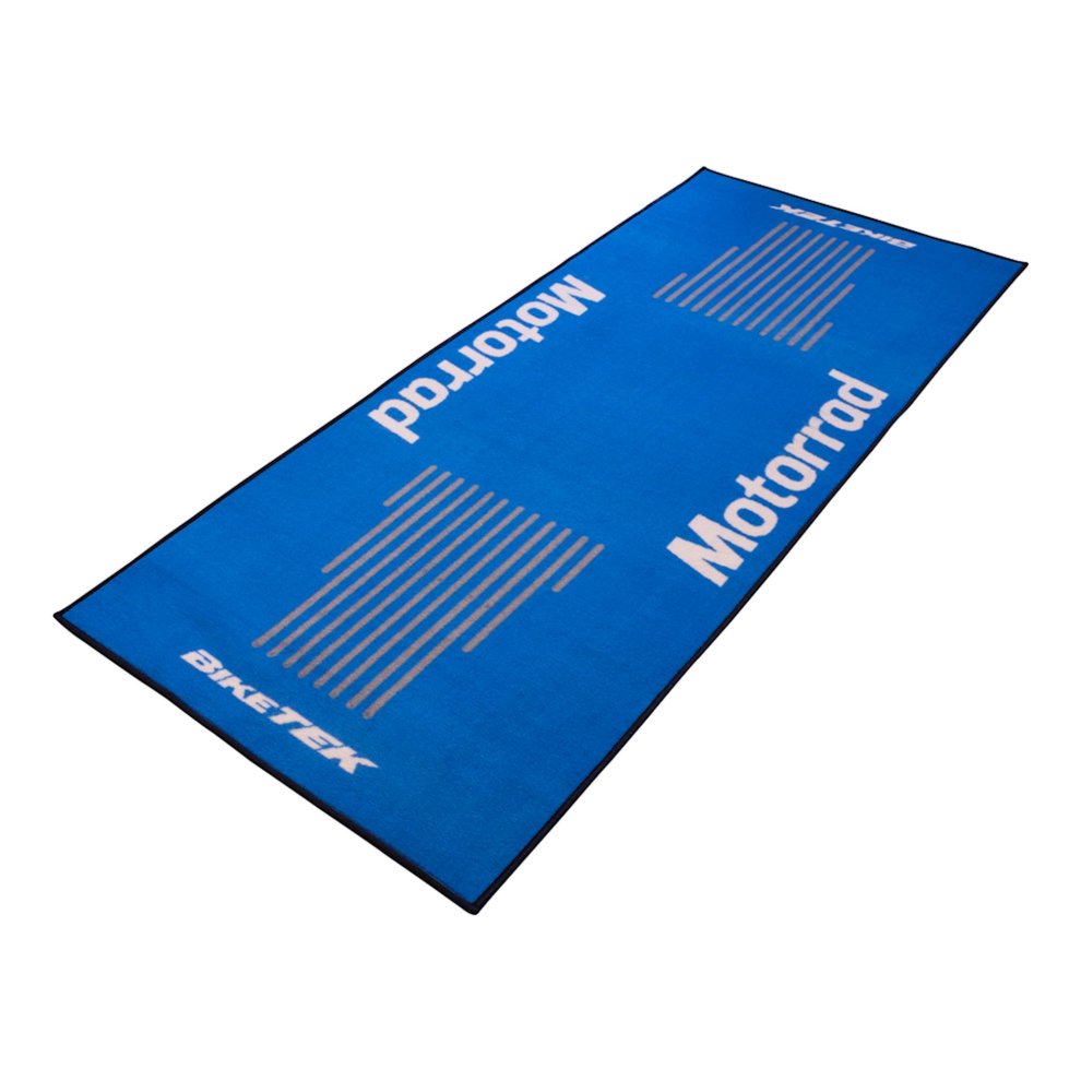 Blue carpet featuring the "Motorrad" logo in white, with black edges and a soft, durable material, designed for motorcycle enthusiasts by BikeTek.