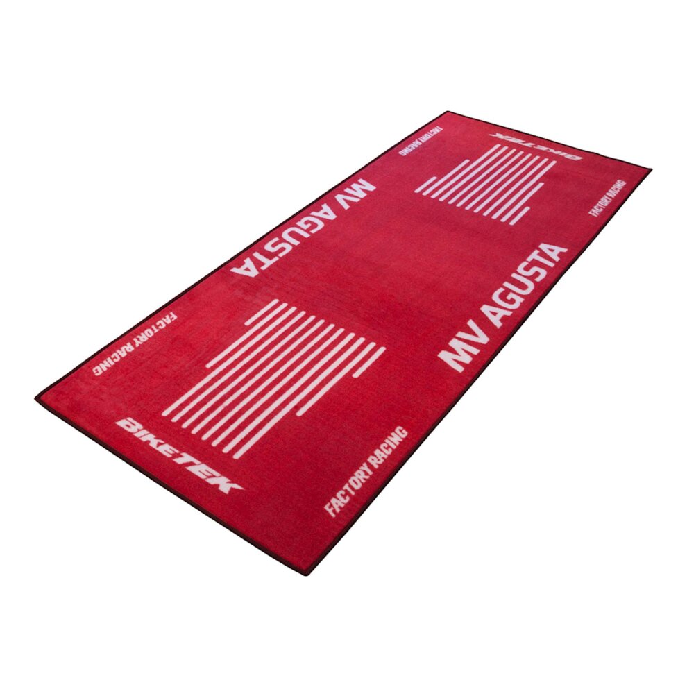 Red carpet featuring the MV Agusta logo and white racing stripes, made of soft material, with black edges, designed for motorcycle enthusiasts.