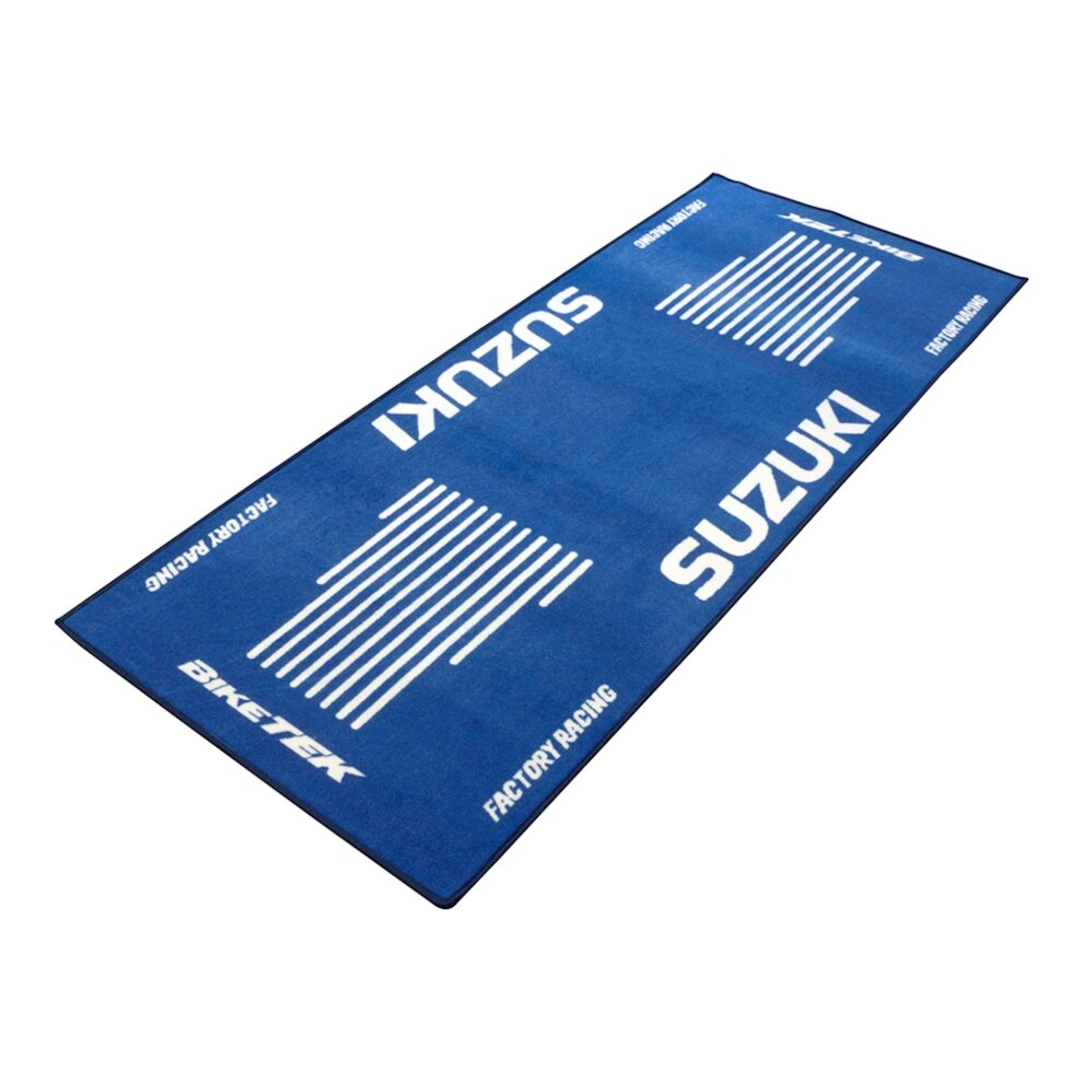 Blue carpet featuring the Suzuki logo and white racing stripes, made from durable material, designed for environmental use, ideal for motorcycle enthusiasts.
