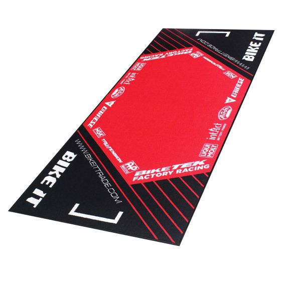 Red and black BikeTek garage mat, measuring 190 x 80cm, featuring logos and graphics, made of durable material with a non-slip surface.