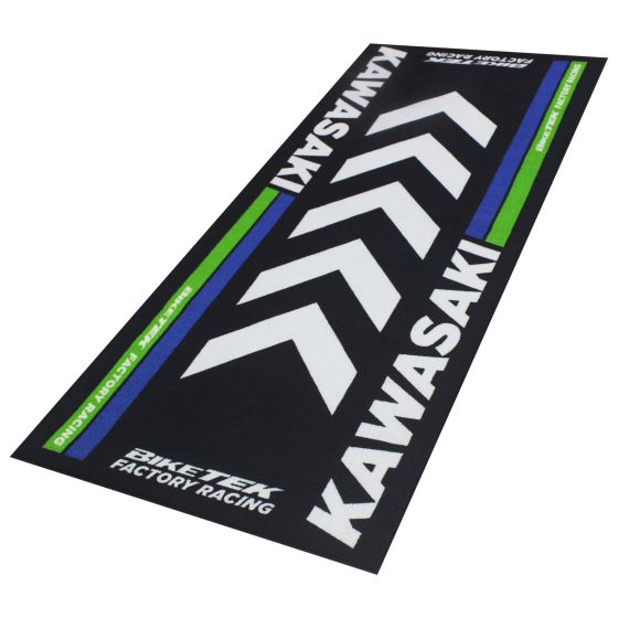 Black carpet featuring bold white and green Kawasaki branding, with a geometric arrow design, designed for motorcycle enthusiasts and showcasing the BikeTek Factory Racing logo.