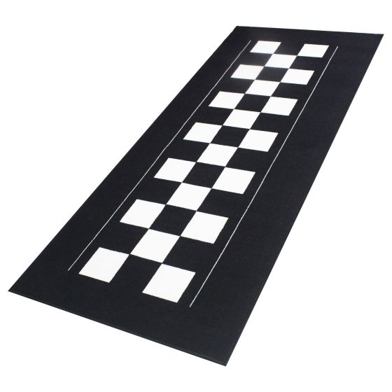Black carpet with a checkered pattern featuring alternating black and white squares, designed for environmental use, showcasing durability and a sleek design.