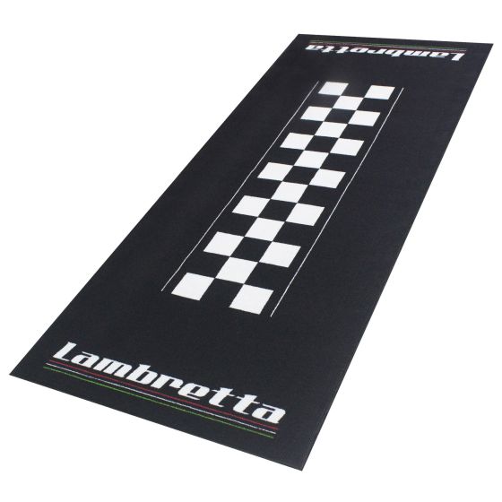 Black carpet featuring a checkered racing pattern and "Lambretta" branding in white, designed for motorcycle enthusiasts, with a soft, durable material.