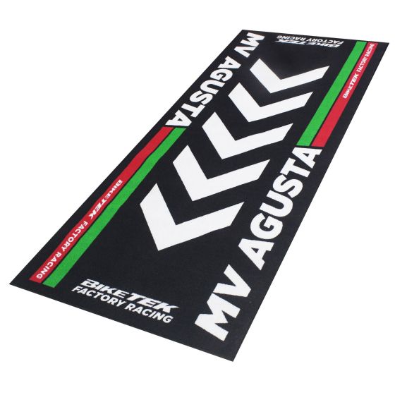 Black carpet featuring a bold white chevron design and "MV AGUSTA" text, accented with green and red stripes, designed for motorcycle enthusiasts by BikeTek.