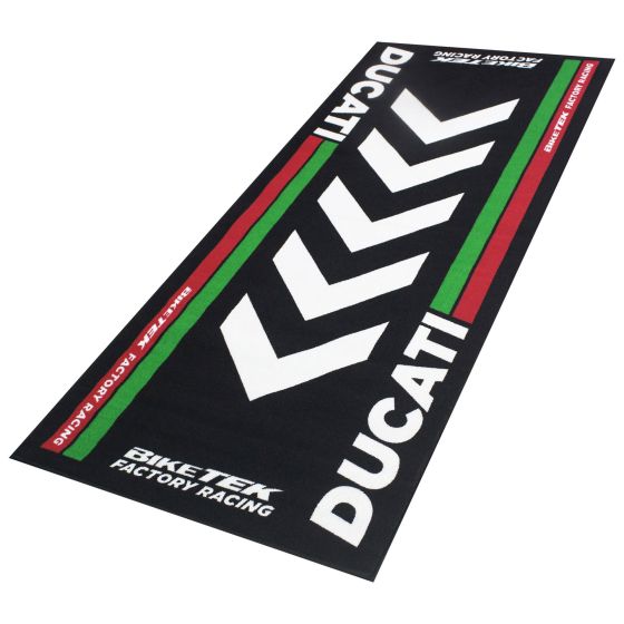 Black carpet featuring bold white and red Ducati branding, green and red stripes, and a chevron design, designed for motorcycle enthusiasts and racing fans.